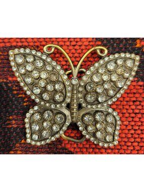 Vintage Rhinestone Butterfly Belt Buckle With Antique Brass Finish 3" Width
